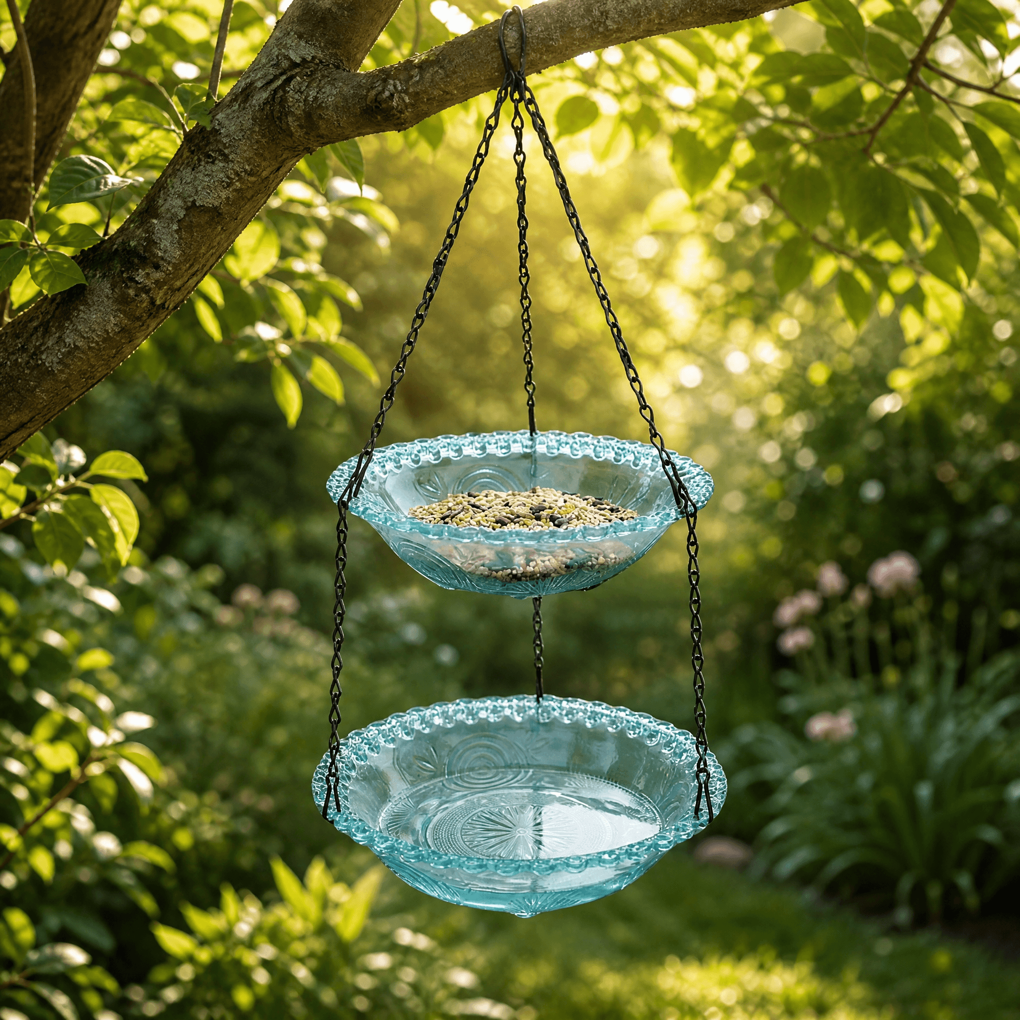 Vintage Dual-Tier Hanging Bird Feeder and Bird Bath for Outdoor Garden