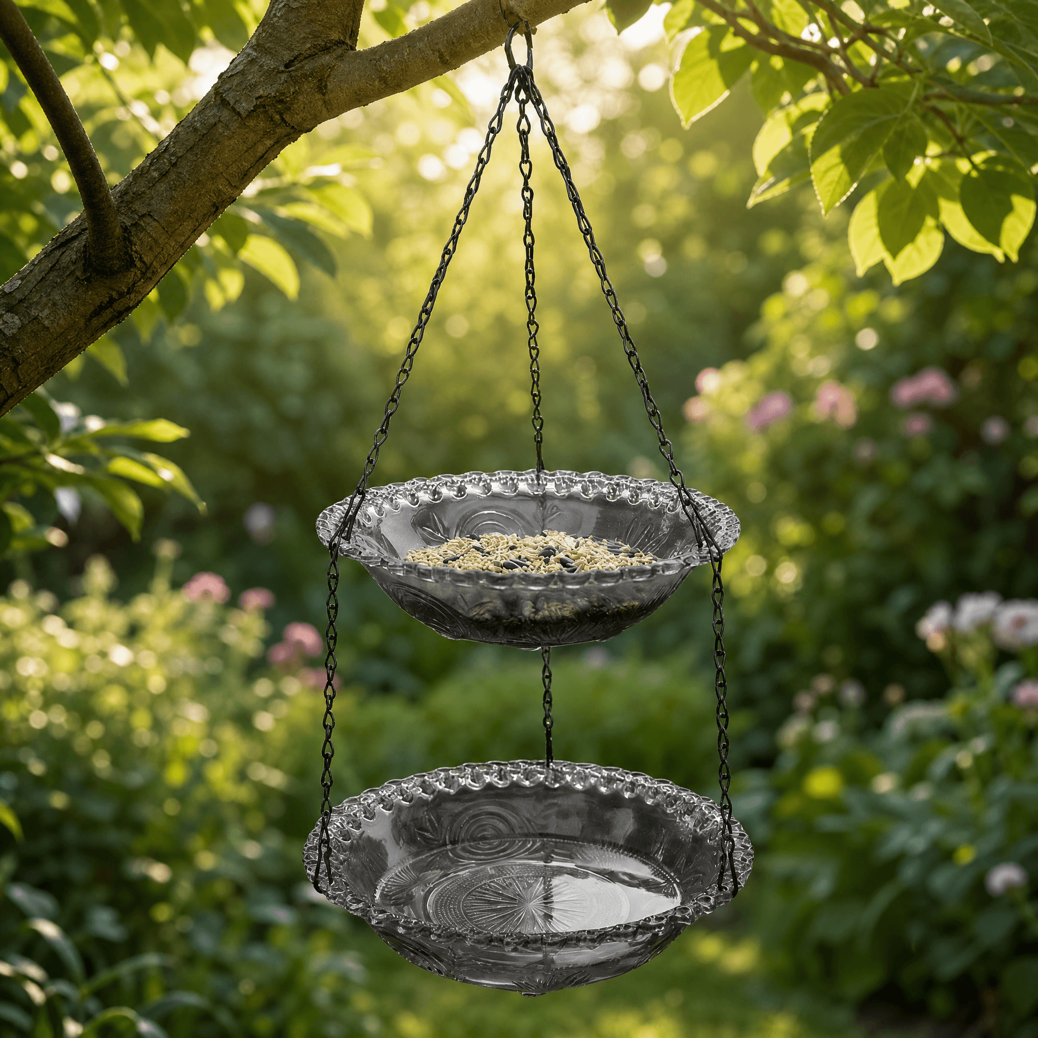 Vintage Dual-Tier Hanging Bird Feeder and Bird Bath for Outdoor Garden