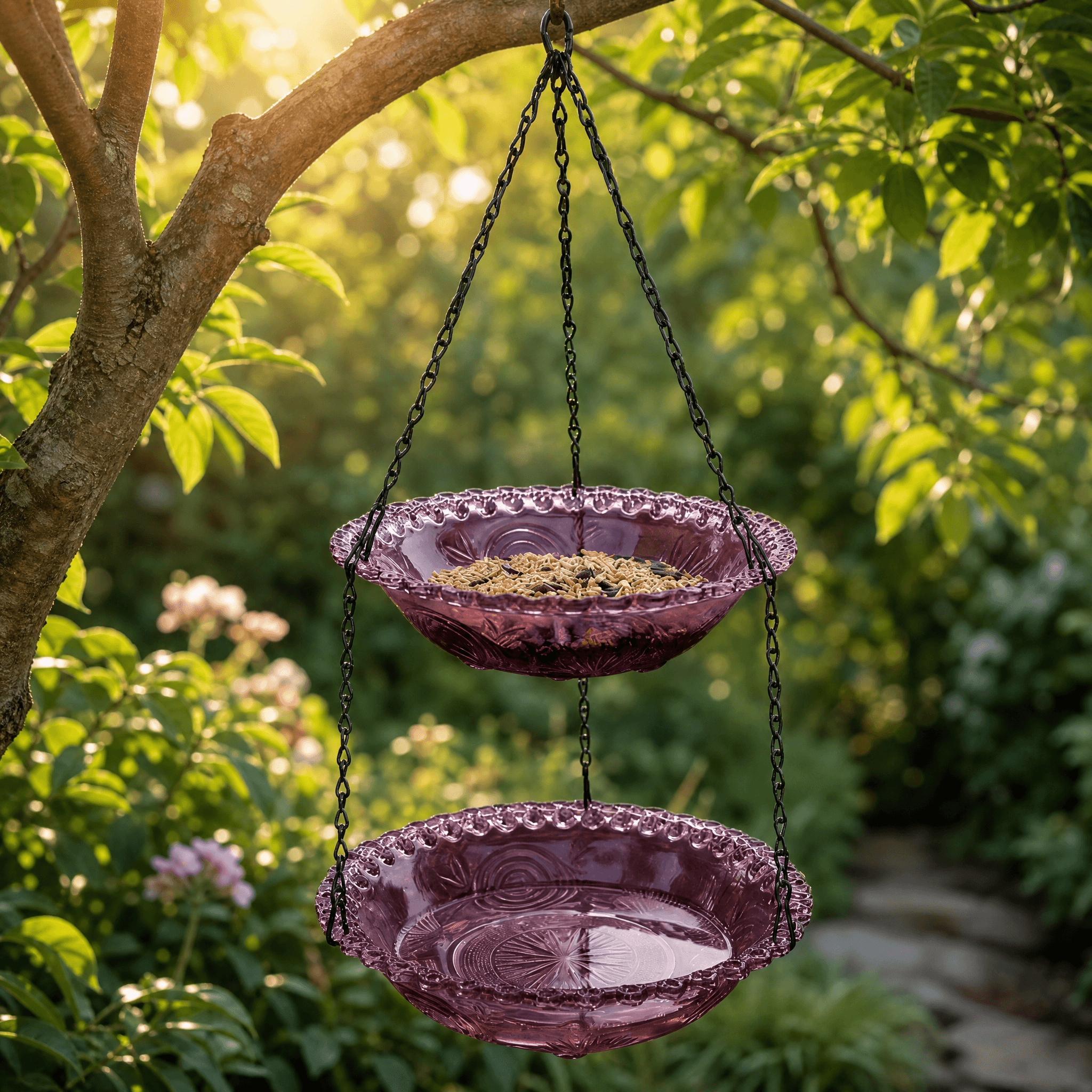Vintage Dual-Tier Hanging Bird Feeder and Bird Bath for Outdoor Garden