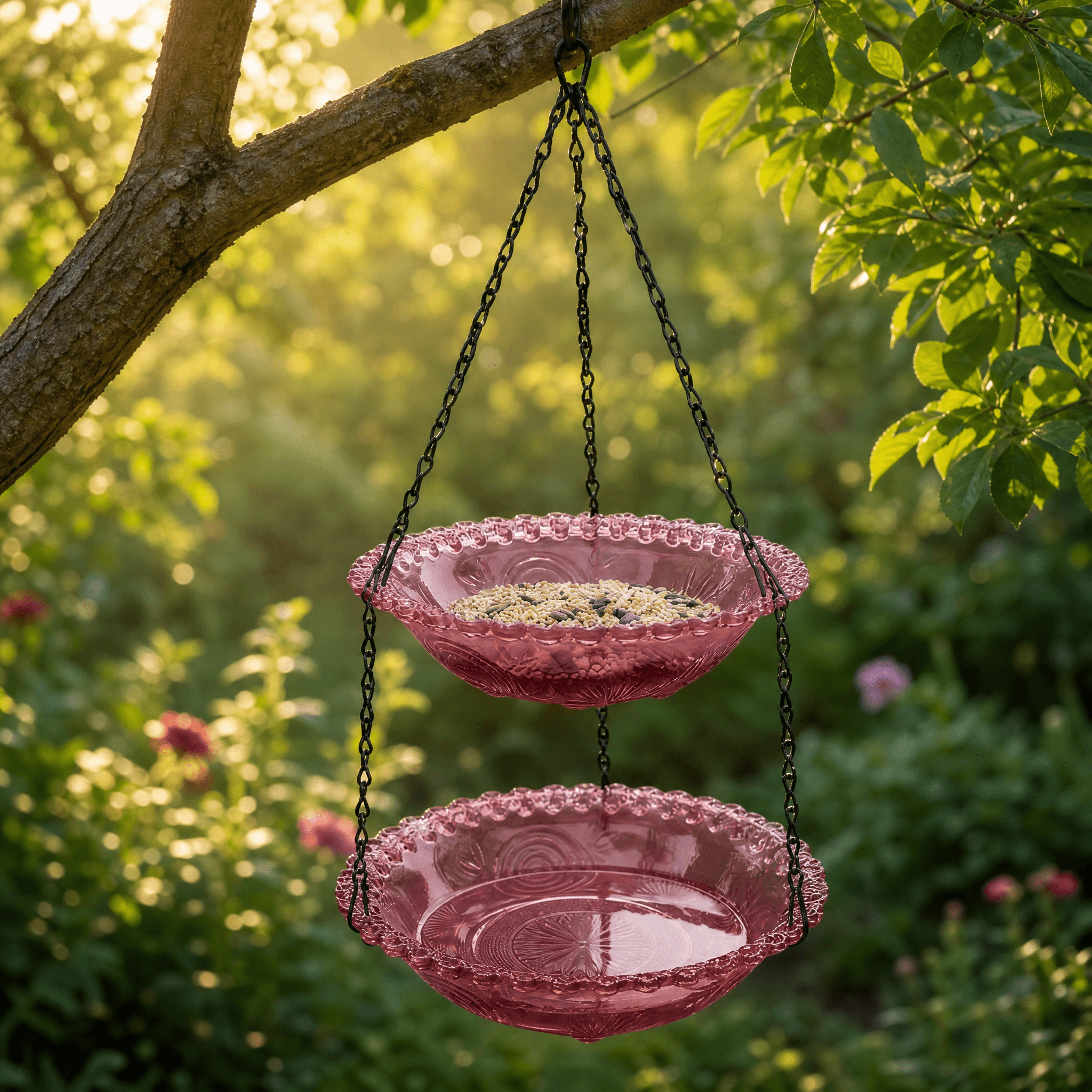 Vintage Dual-Tier Hanging Bird Feeder and Bird Bath for Outdoor Garden