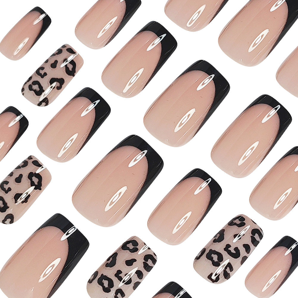 Black French Tip Leopard Print Press-On Nails – 24-Piece Short Square Set