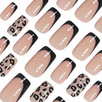 Black French Tip Leopard Print Press-On Nails – 24-Piece Short Square Set