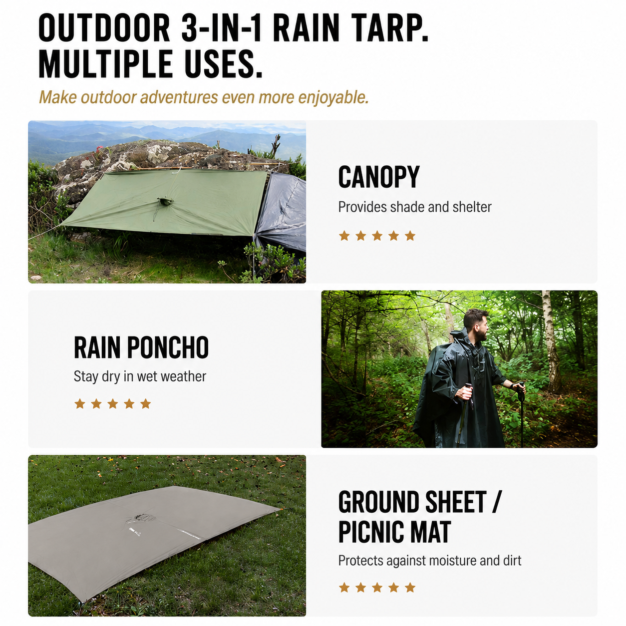 3 in 1 Waterproof Rain Poncho for Camping Hiking Backpacking