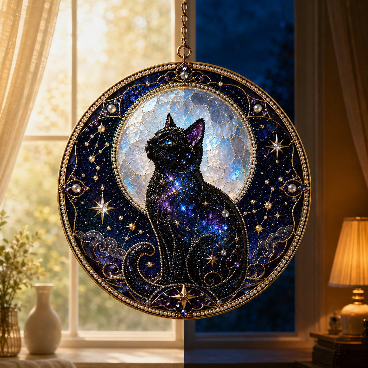 3D Pearl Celestial Black Cat Window Hanging Kit