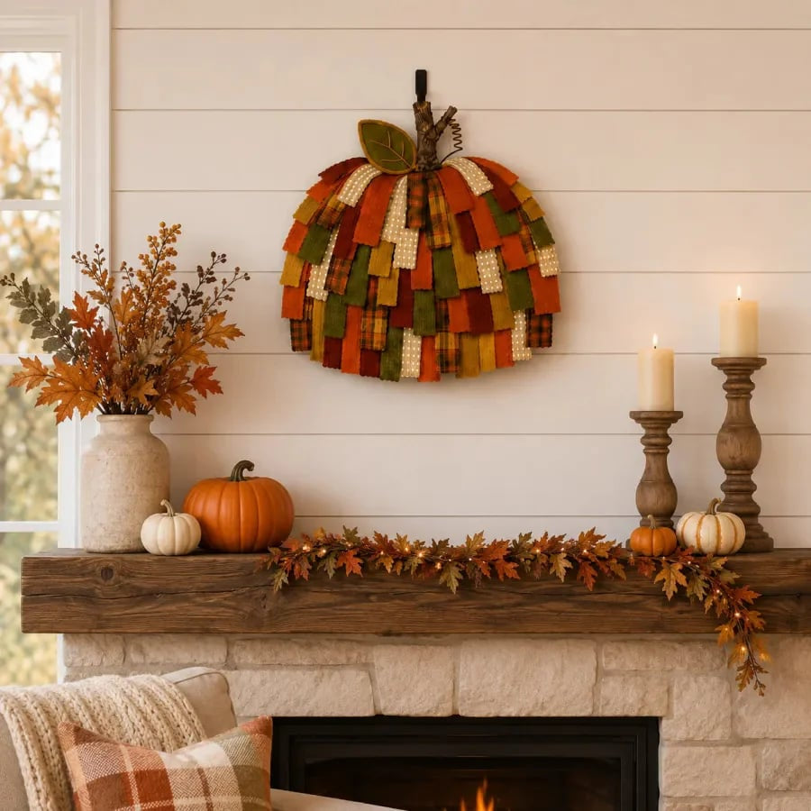 Handmade Patchwork Pumpkin Door Hanger| Warm Rustic Fall & Thanksgiving Decor