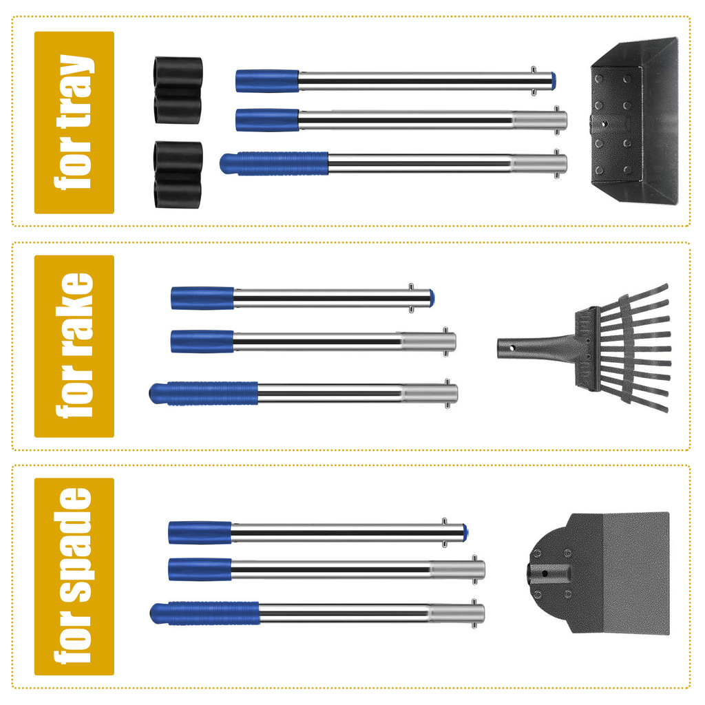 Long Handle Pet Waste Scooper Set with Rake, Spade & Tray