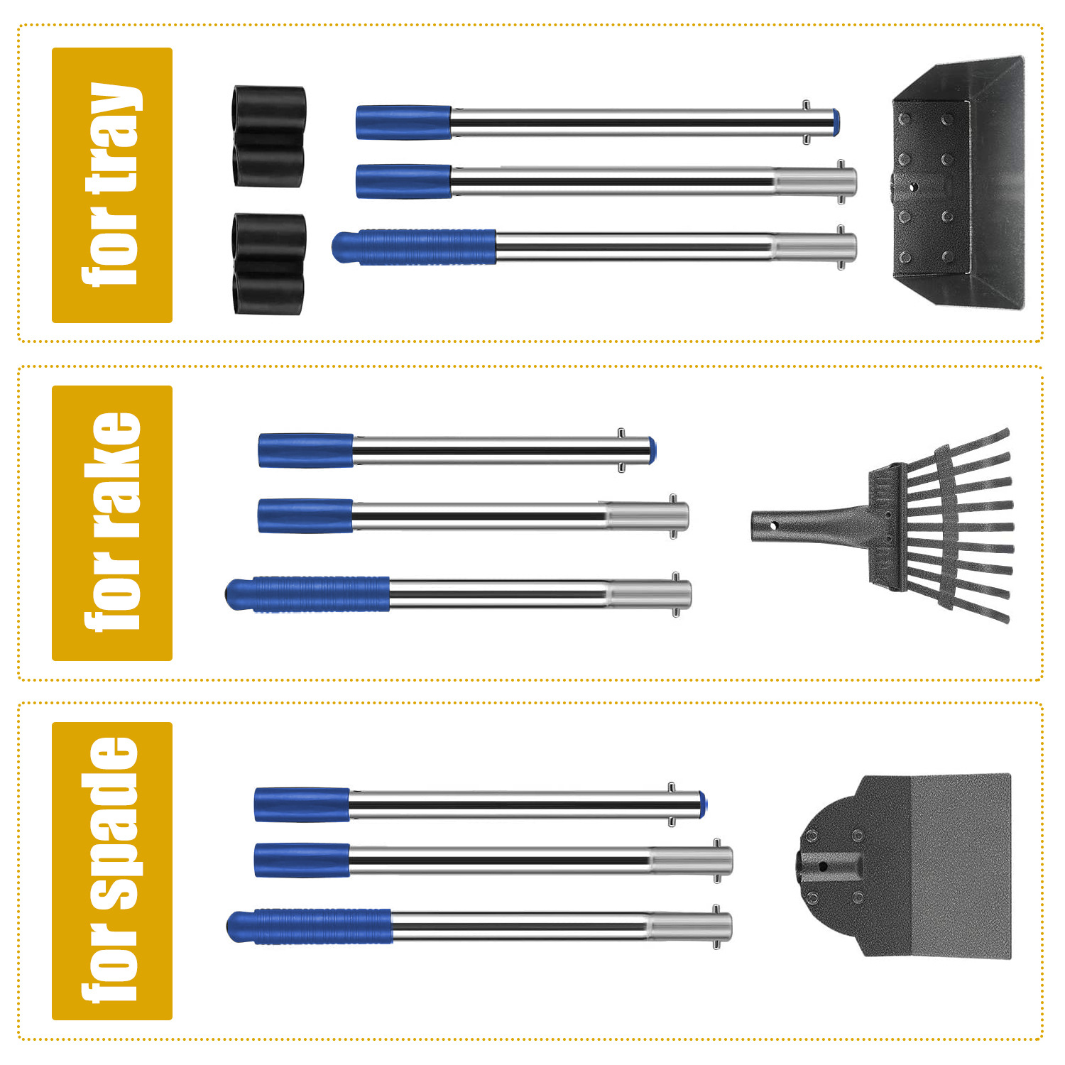 Long Handle Pet Waste Scooper Set with Rake, Spade & Tray
