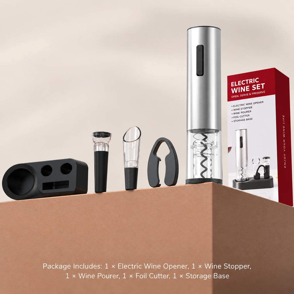 Rechargeable Electric Wine Opener Set with Foil Cutter, Pourer & Stopper