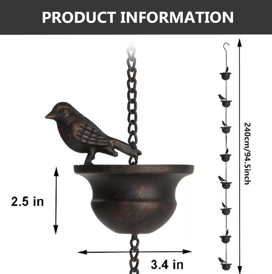 Decorative Bird Rain Chain for Gutters and Outdoor Garden Decor