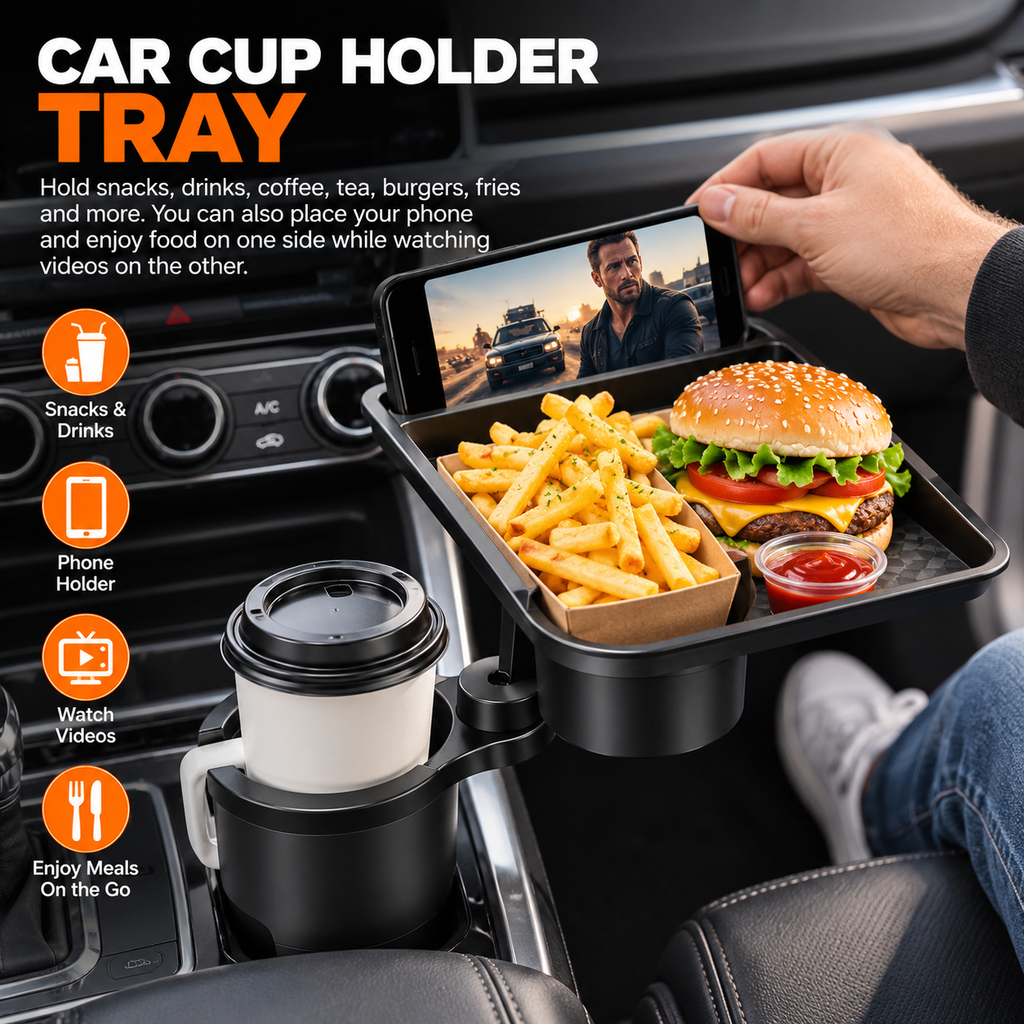 Car Cup Holder Tray with 360° Adjustable Food Tray & Extra Cup Holder