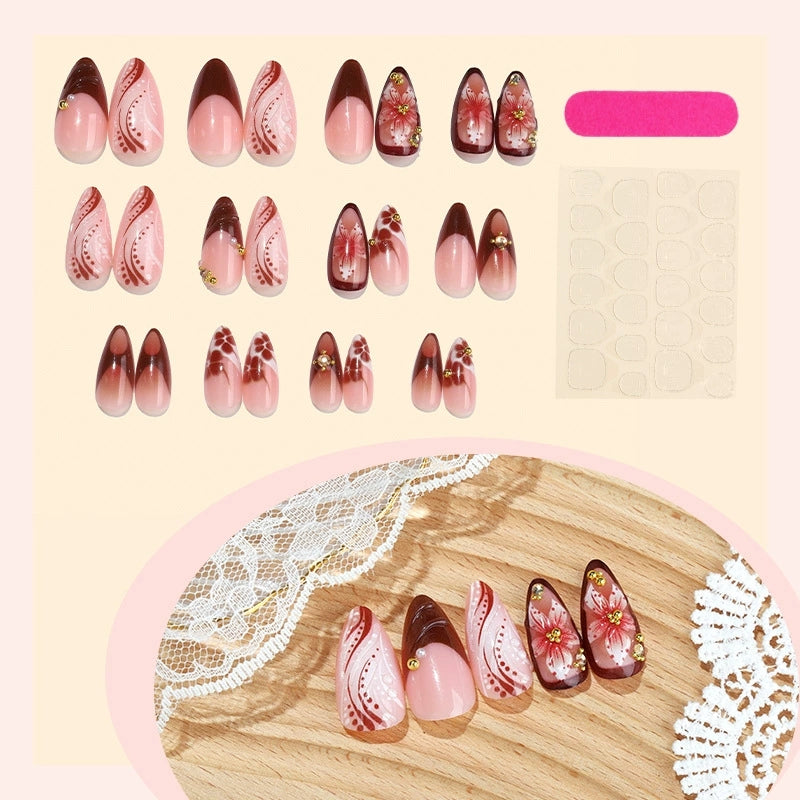 Brown Floral Almond Press On Nails – 3D Butterfly & Gold Accents