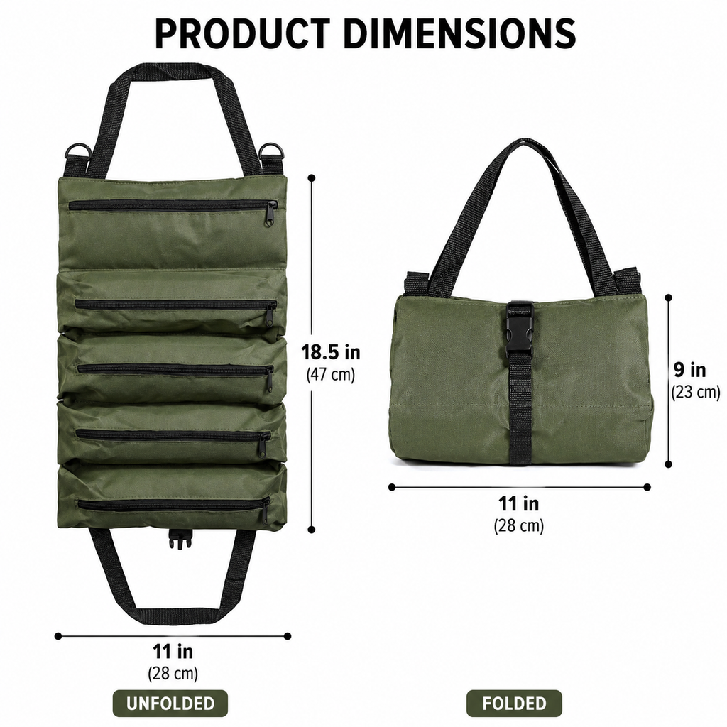 Roll Up Tool Bag with 5 Zippered Pockets Canvas Tool Organizer