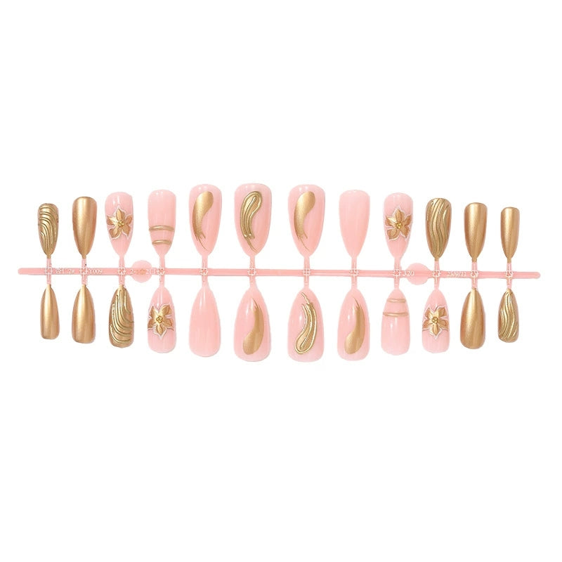 Gold 3D Floral French Long Almond Press-On Nails, 24-Pc Kit