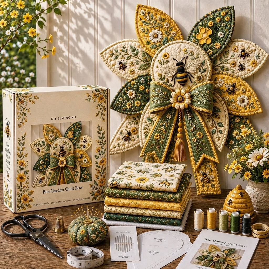 Bee garden quilt bow displayed with yellow and green fabrics