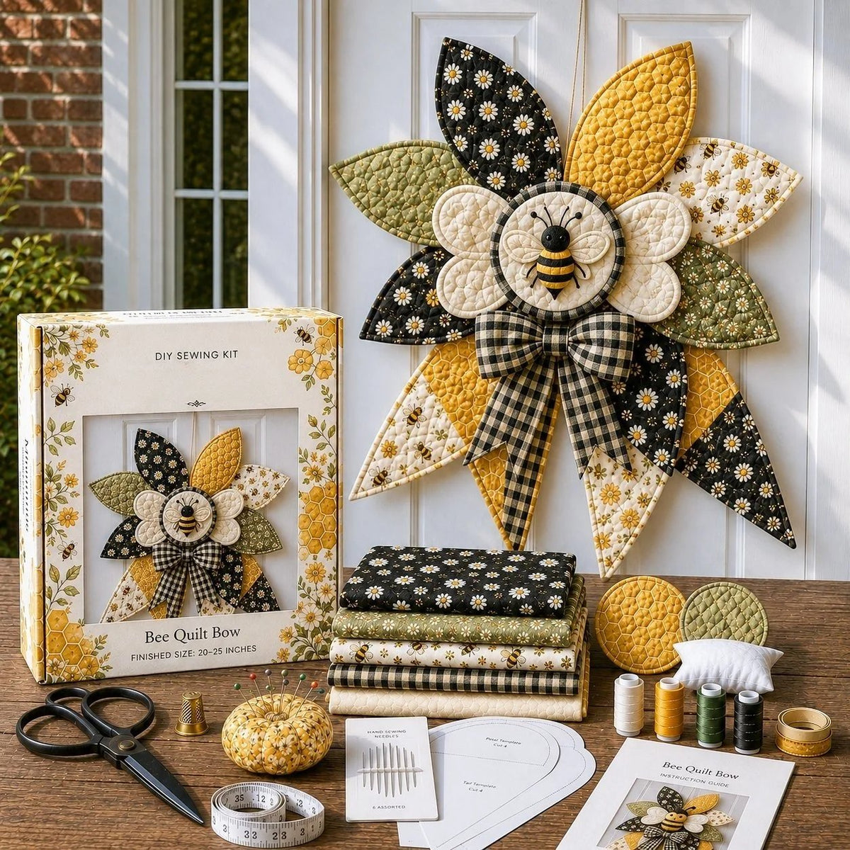 Bee quilted door bow displayed with black and yellow fabrics