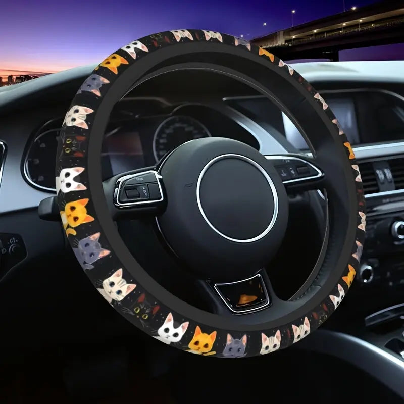 Cat Steering Wheel Cover - Stretch Anti-Slip Neoprene, 15 Inch