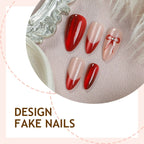 Red Cat Eye Press-On Nails – Short Almond French Tip Bow Design, 24PCS