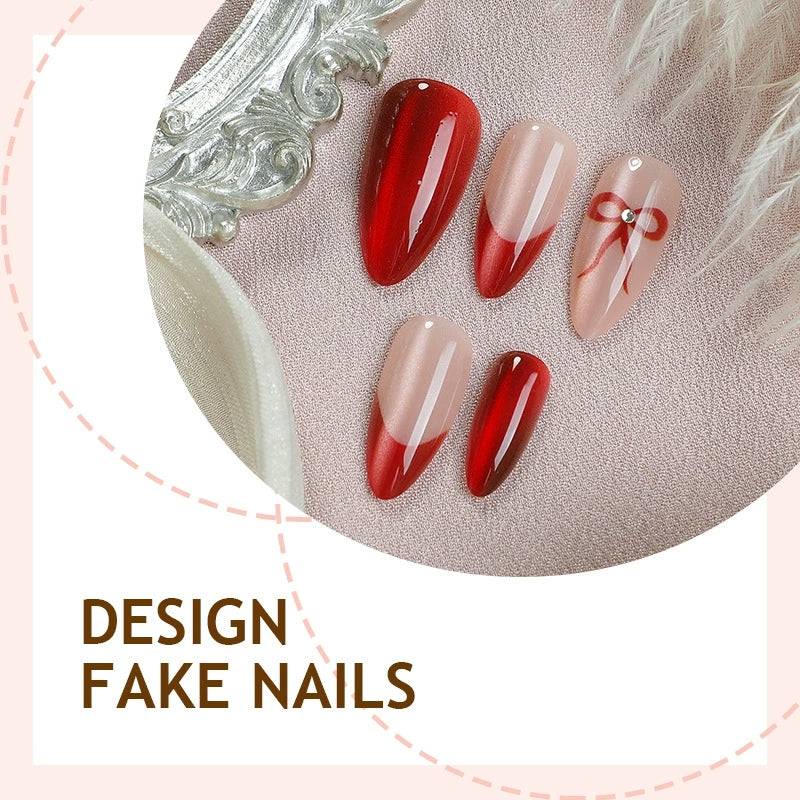 Red Cat Eye Press-On Nails – Short Almond French Tip Bow Design, 24PCS