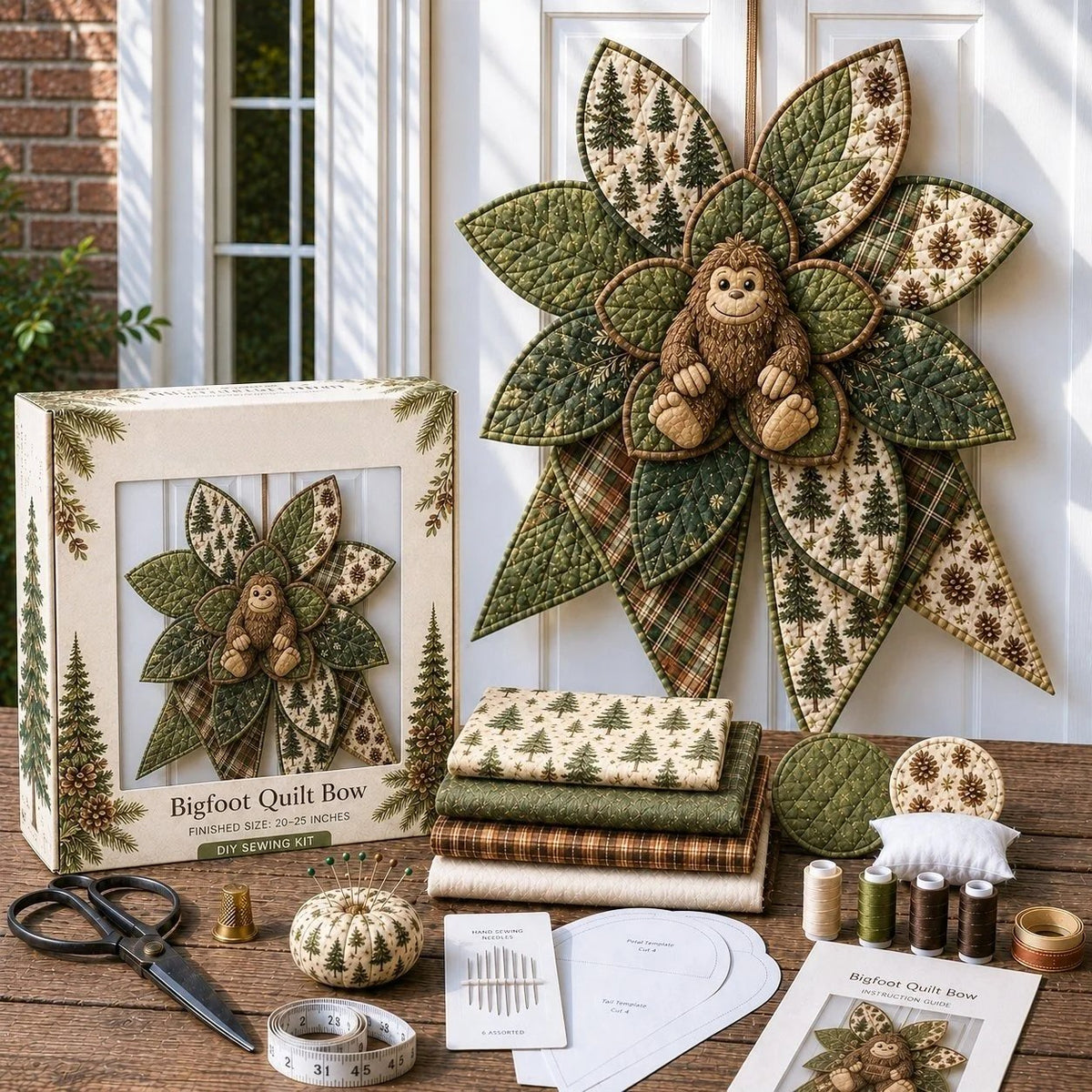 Bigfoot quilted door bow displayed with woodland green fabrics