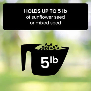 Squirrel proof bird feeder holds up to 5 lb of sunflower seed or mixed bird seed