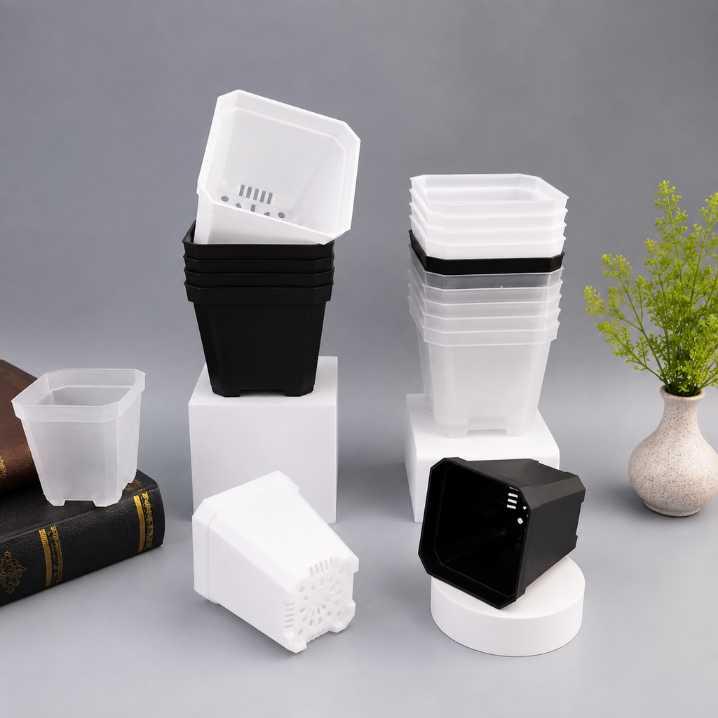 Black and clear square nursery pots with drainage holes for seedlings and small plants