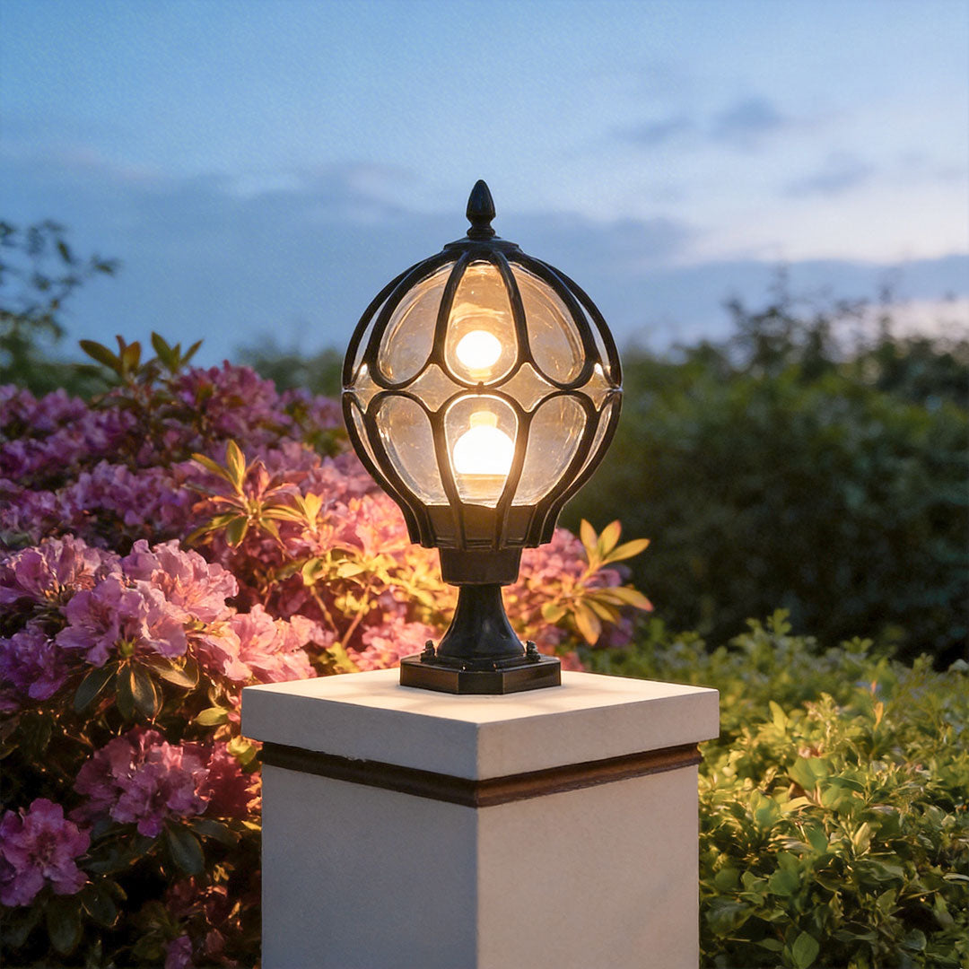 Outdoor Globe Pillar Light, Retro Glass Globe Post Lamp for Garden and Pathway