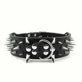 Black leather dog collar with silver spikes and wide buckle