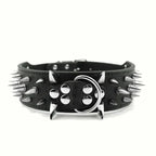 Black leather dog collar with silver spikes and wide buckle