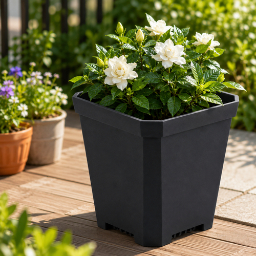 Black square plant pot with drainage holes for outdoor garden plants
