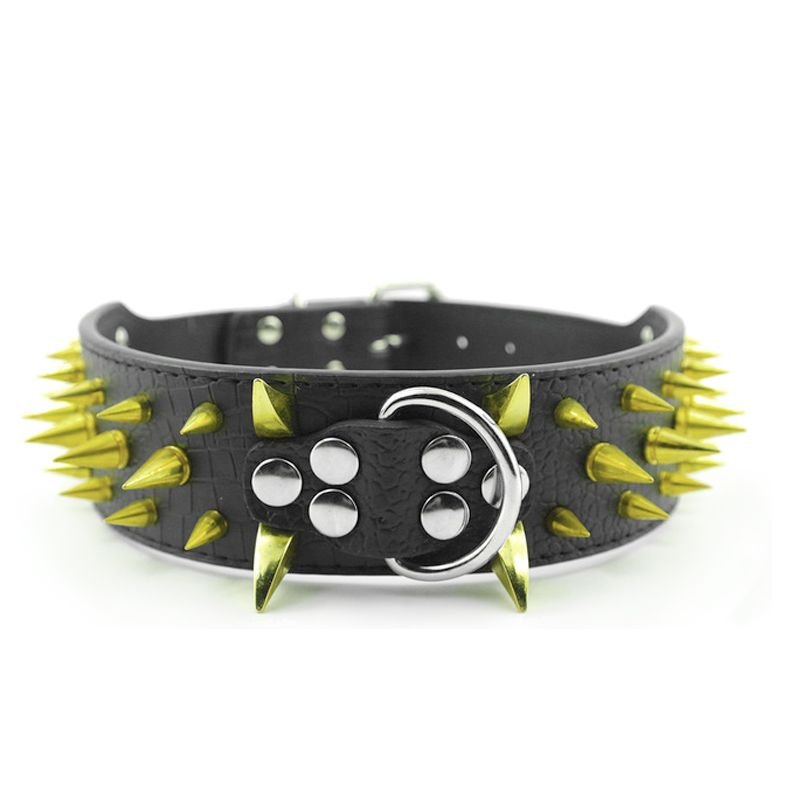 Black leather dog collar with bright yellow spikes