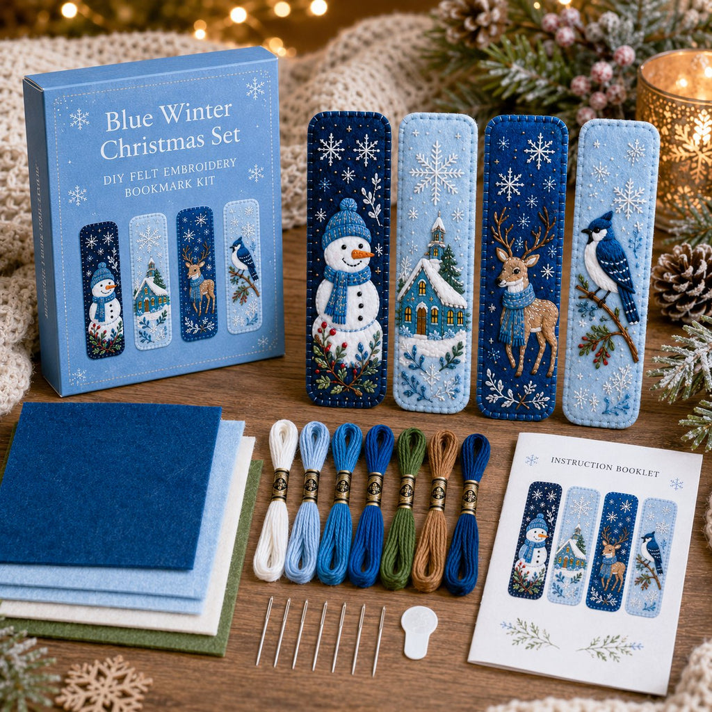 Blue winter bookmark kit with snowy animal and tree designs