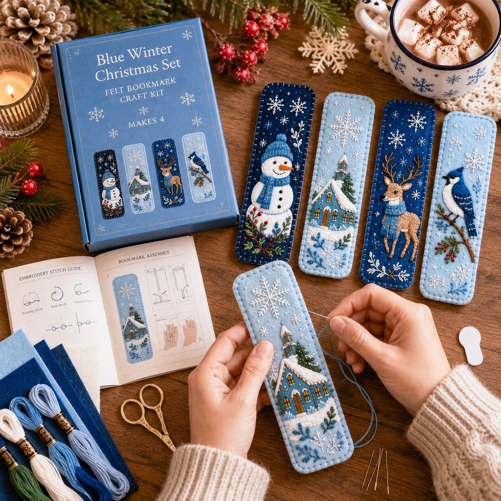 Hands embroidering a blue winter felt bookmark