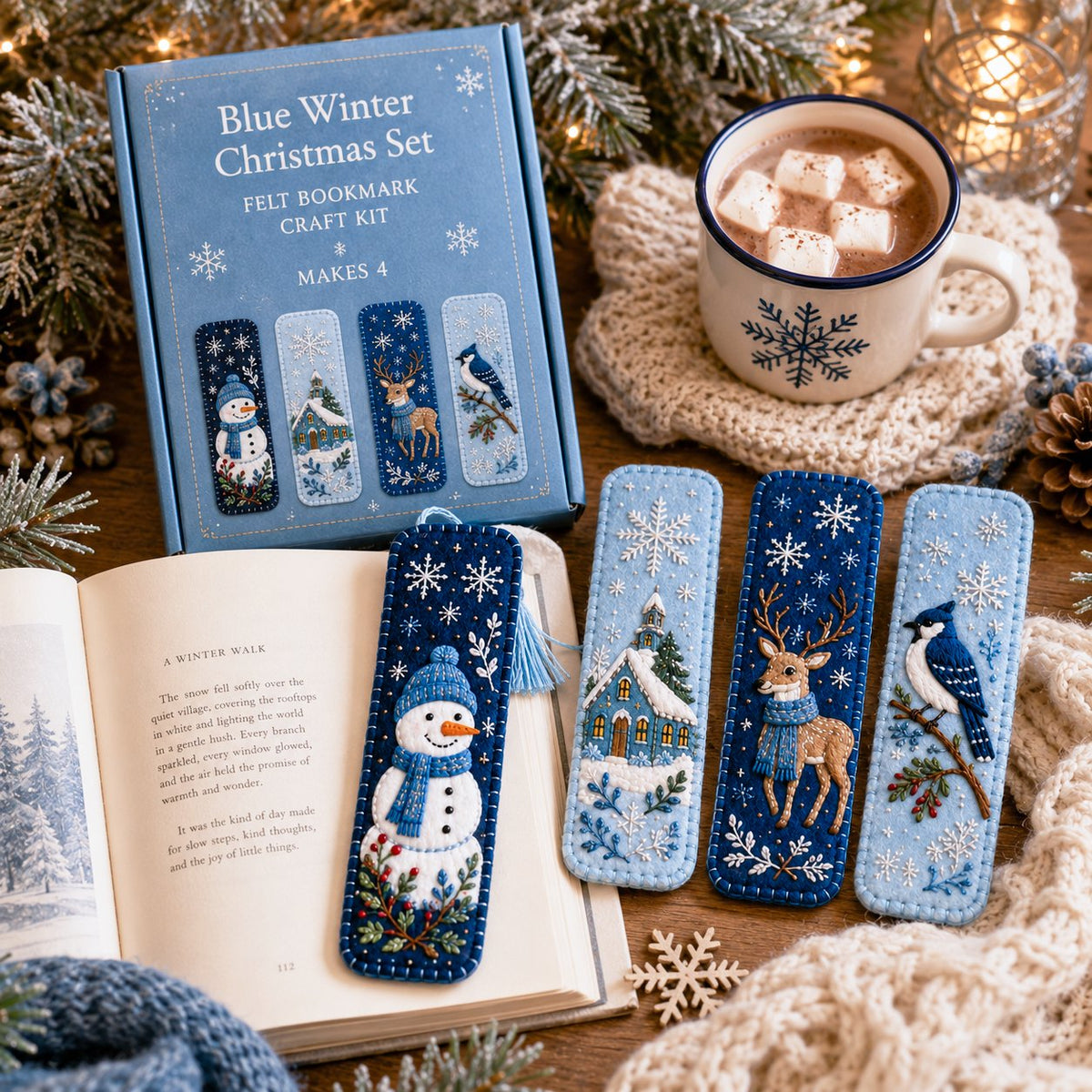 Blue winter bookmarks beside an open book and warm cocoa