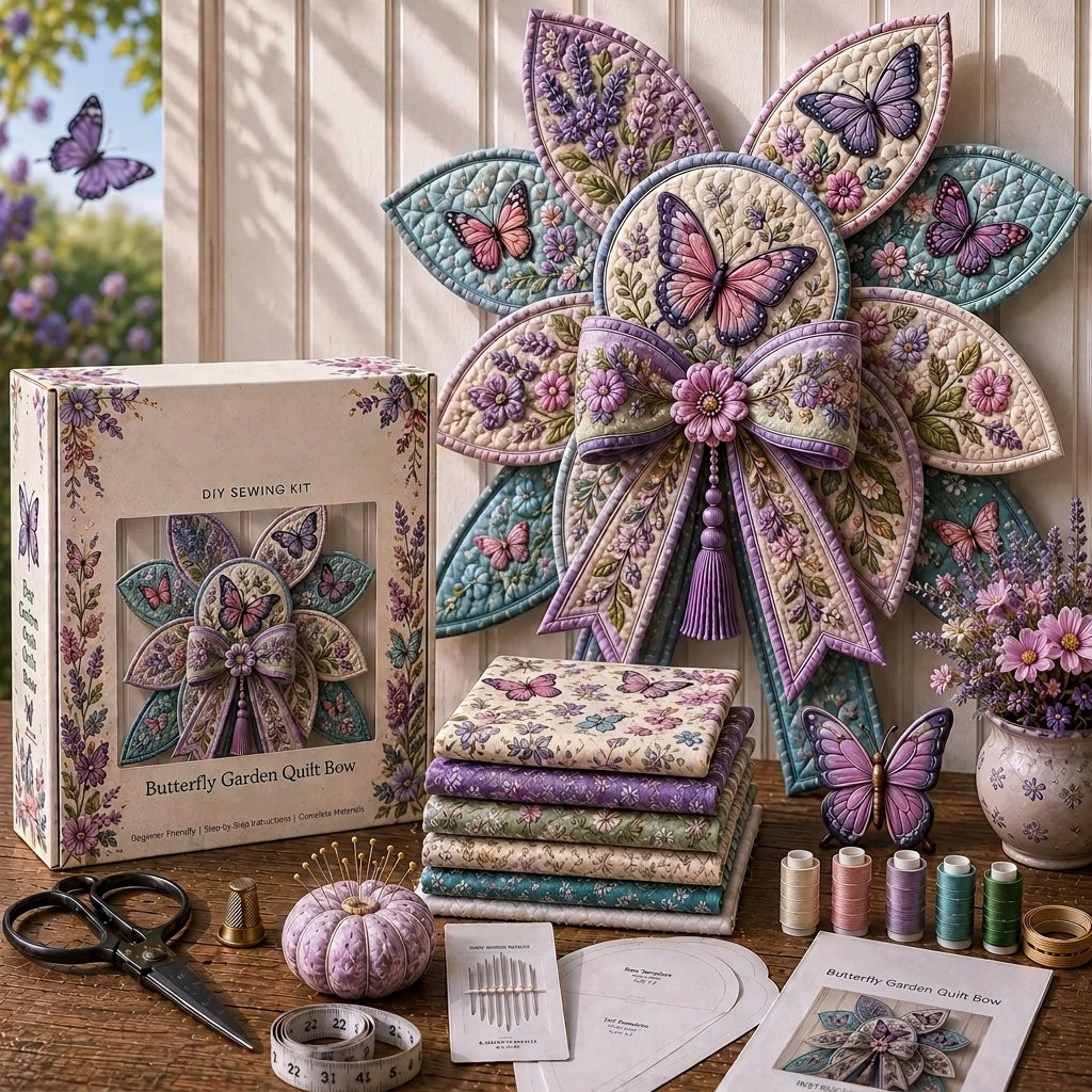 Pastel butterfly garden quilt bow displayed with sewing materials