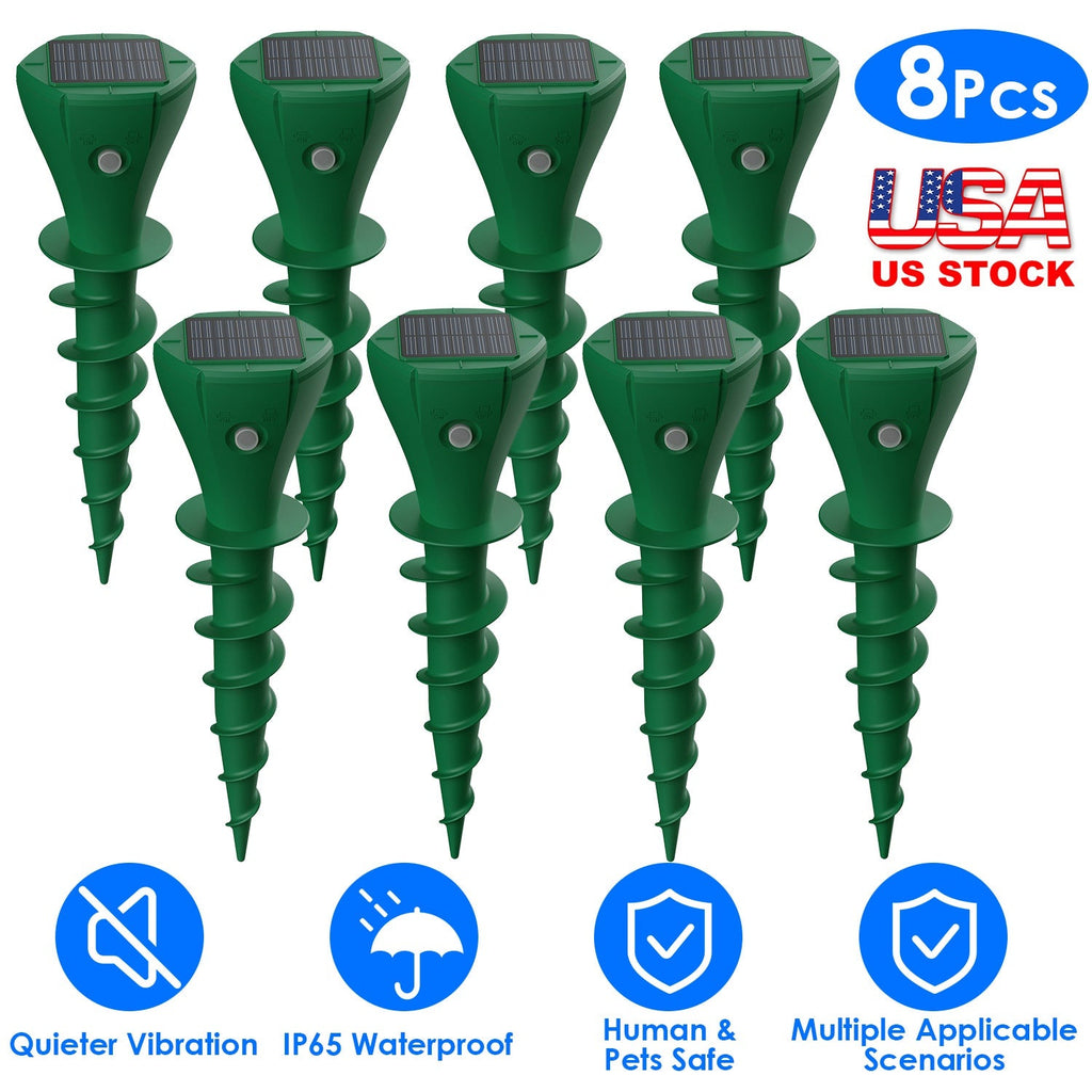8-Pack Solar Mole Repellent Stakes – Waterproof Vibration