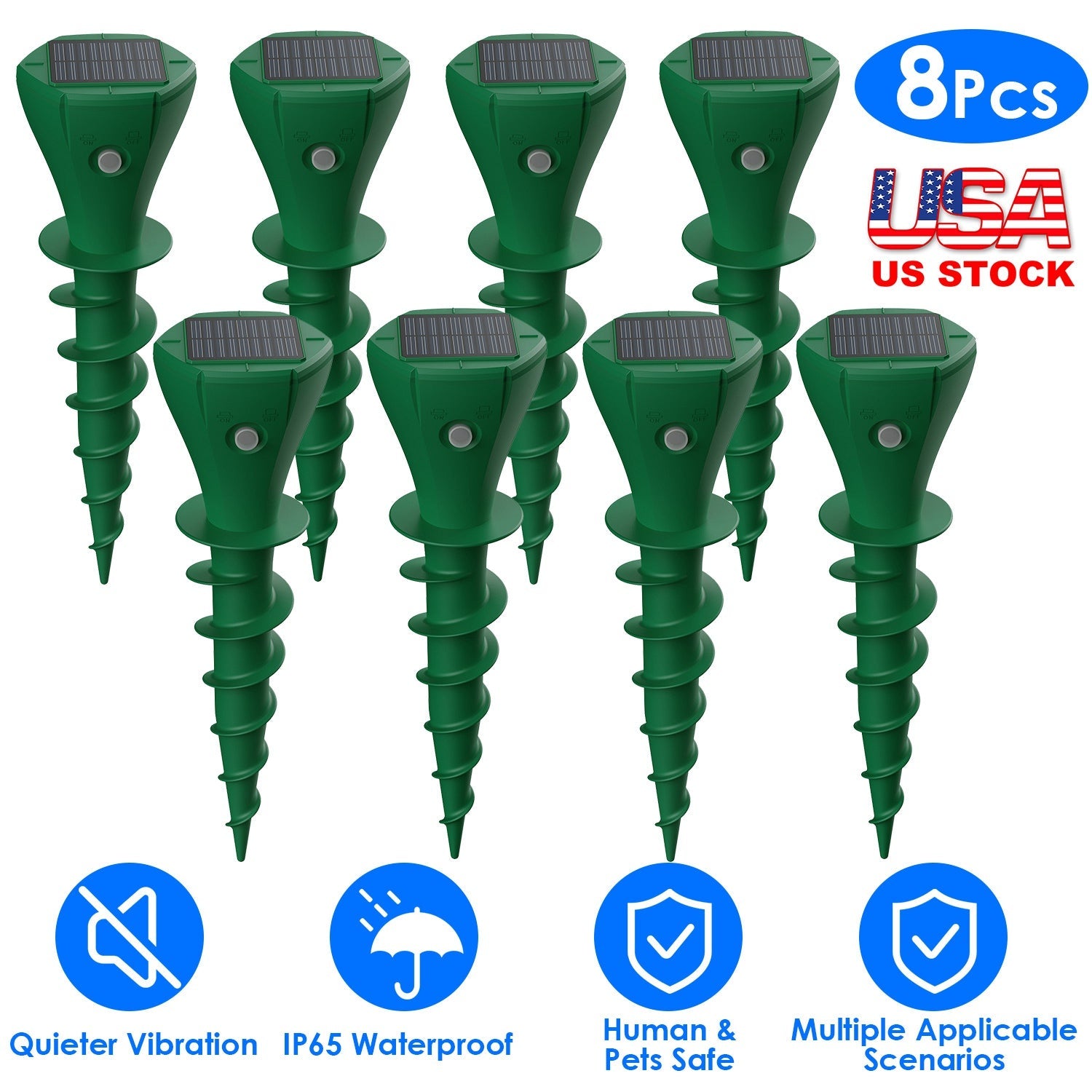 8-Pack Solar Mole Repellent Stakes – Waterproof Vibration