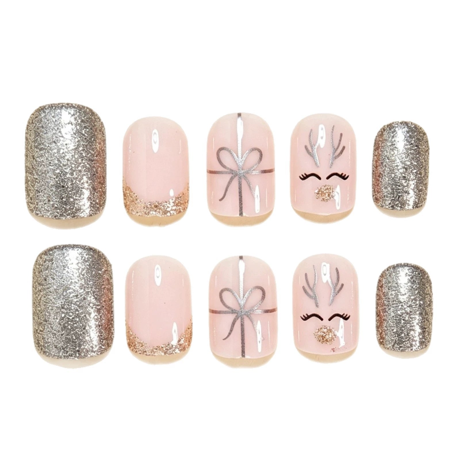 Christmas Short Square Press On Nails – Gold Bow & Reindeer Design