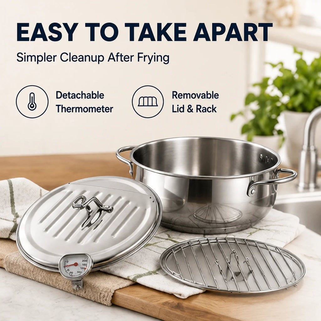 304 Stainless Steel Deep Fryer Pot with Thermometer & Drain Rack