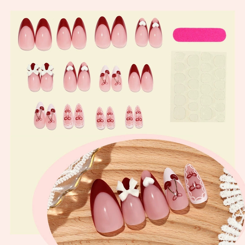 Cherry French Press-On Nails with 3D Bows & Hearts – Medium Short