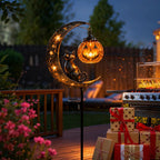Solar Pumpkin Moon Garden Stake Light with Black Cat Halloween Decor