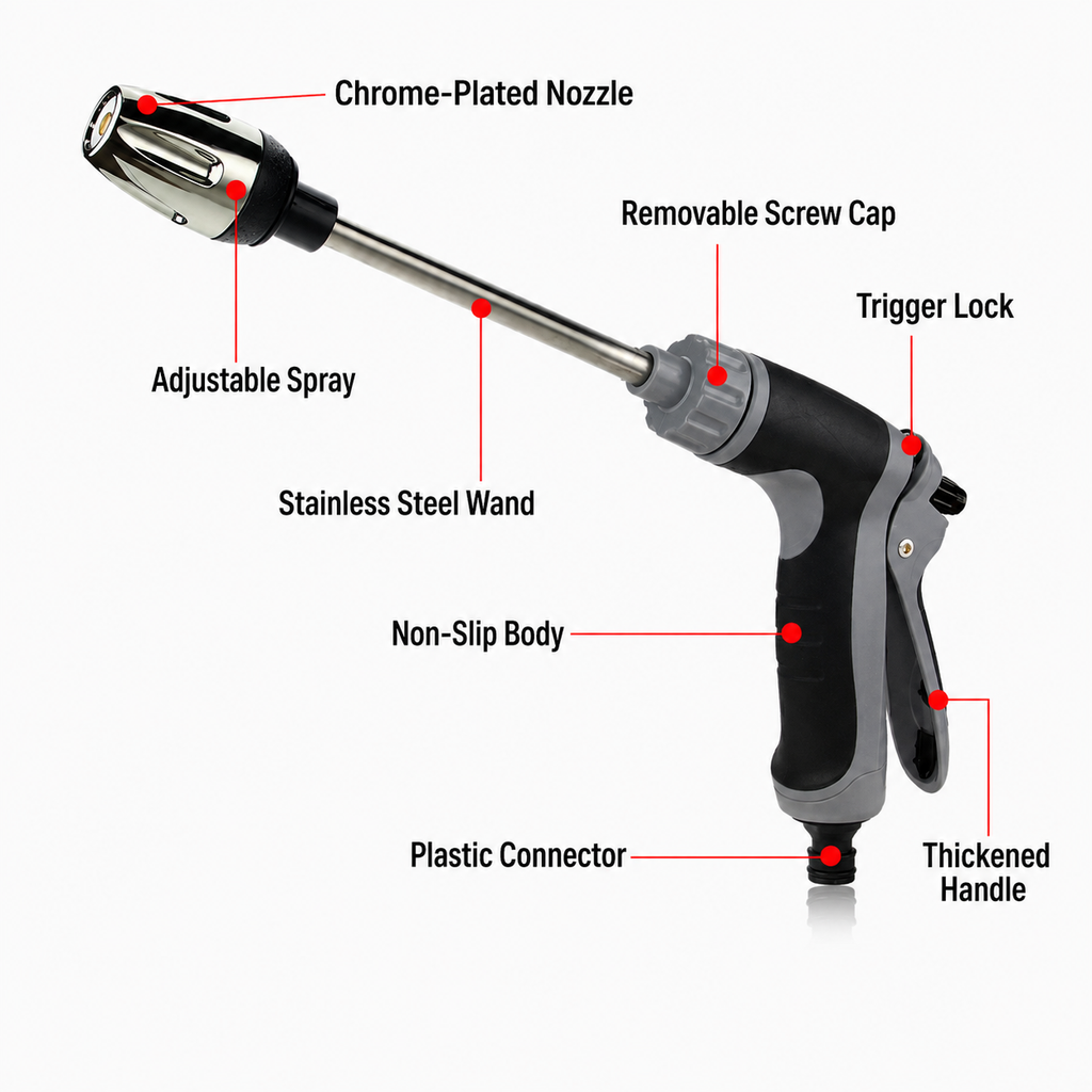 Adjustable Garden Hose Nozzle with Long Wand and Foam Bottle