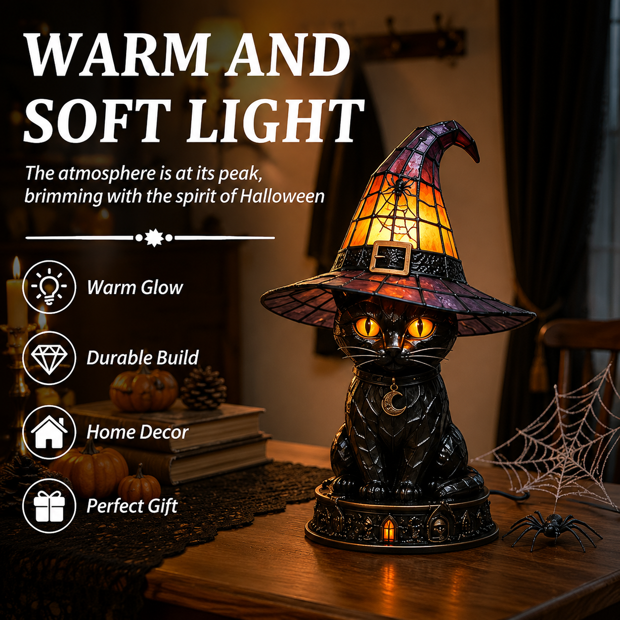 Halloween Gothic Black Cat Witch Hat Lamp, Stained Glass Style Decor
