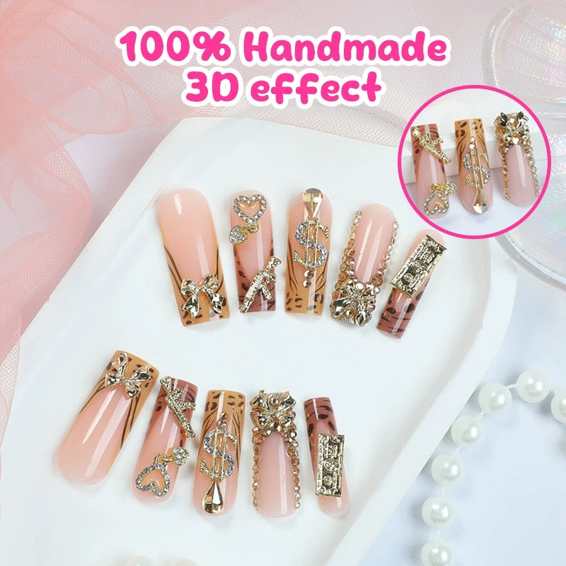 Gold 3D Floral French Long Almond Press-On Nails, 24-Pc Kit