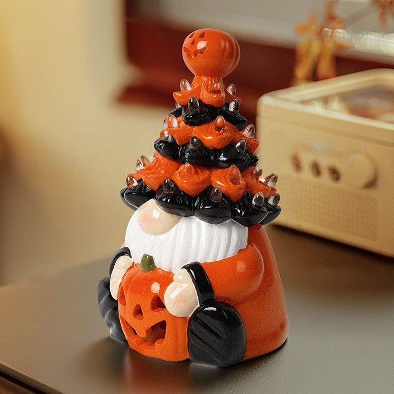 Lighted Halloween Resin Tree, Pumpkin Gnome Tabletop Decor