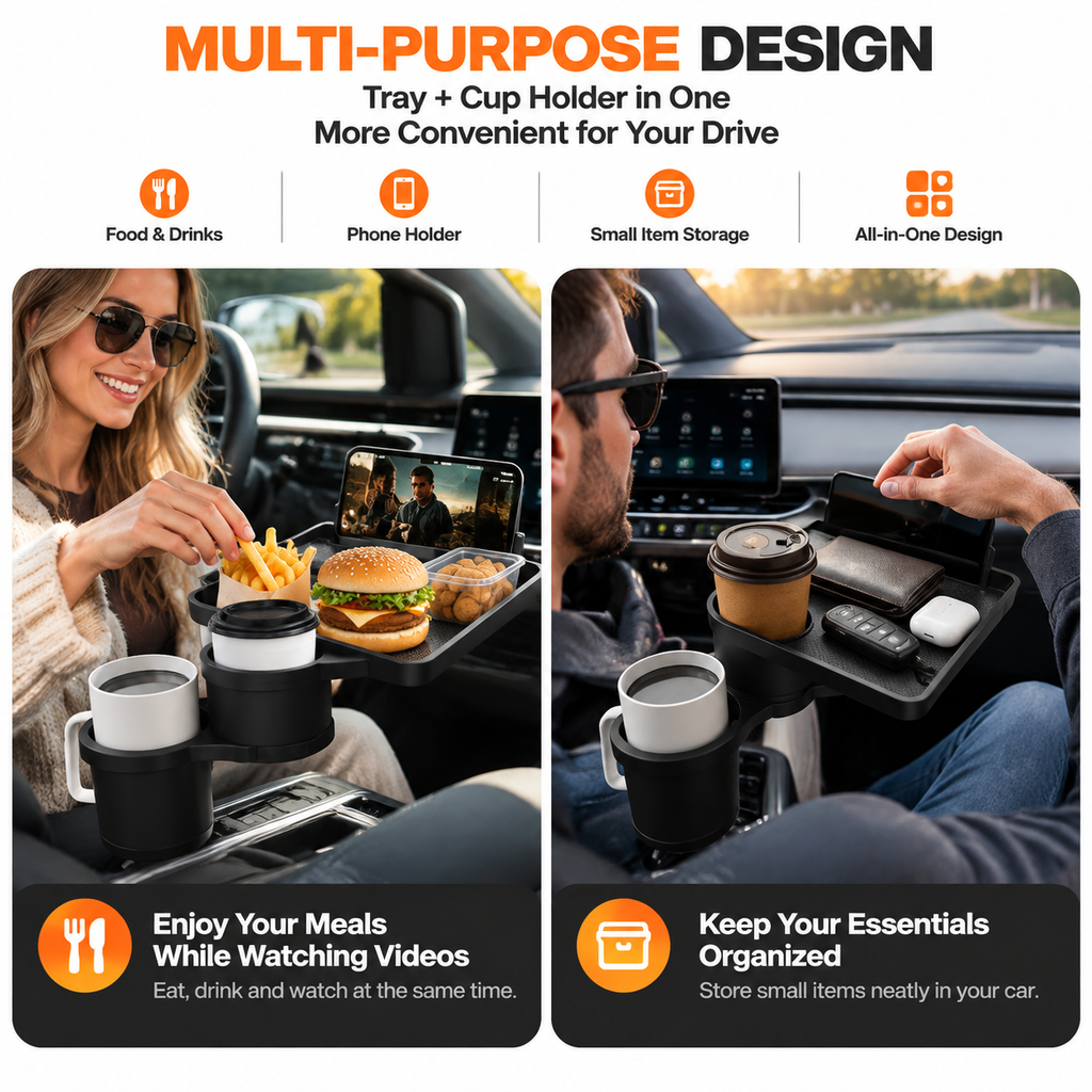 Car Cup Holder Tray with 360° Adjustable Food Tray & Extra Cup Holder