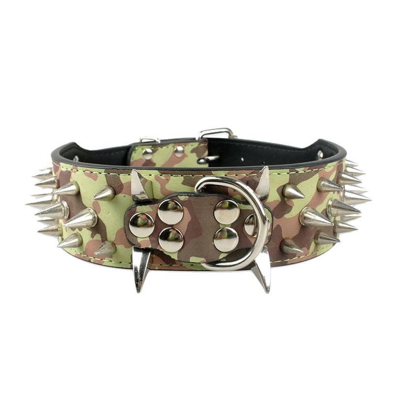 Camouflage leather dog collar with silver spikes and buckle