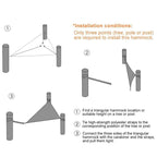 Camping hammock setup instructions showing how to install a triangle hammock with straps between anchor points