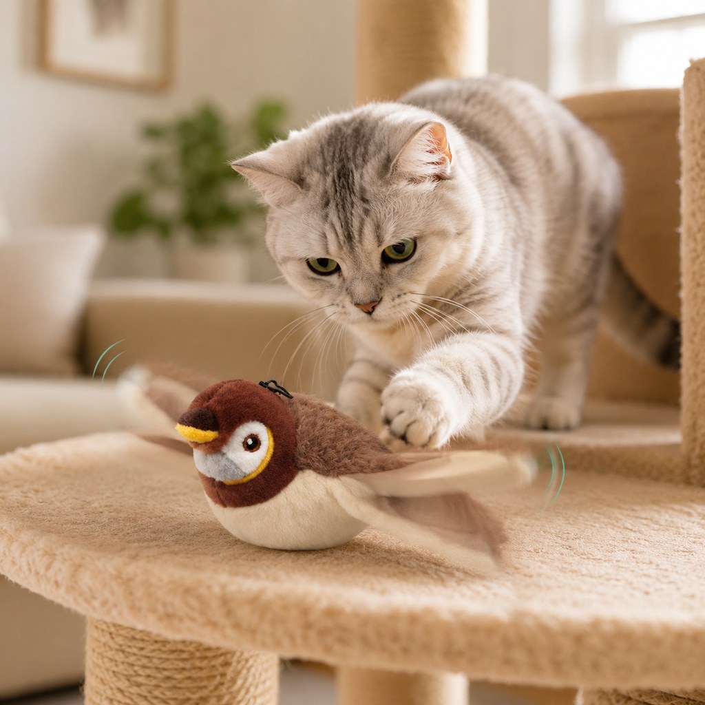 Indoor cat reaching toward a flapping plush bird toy