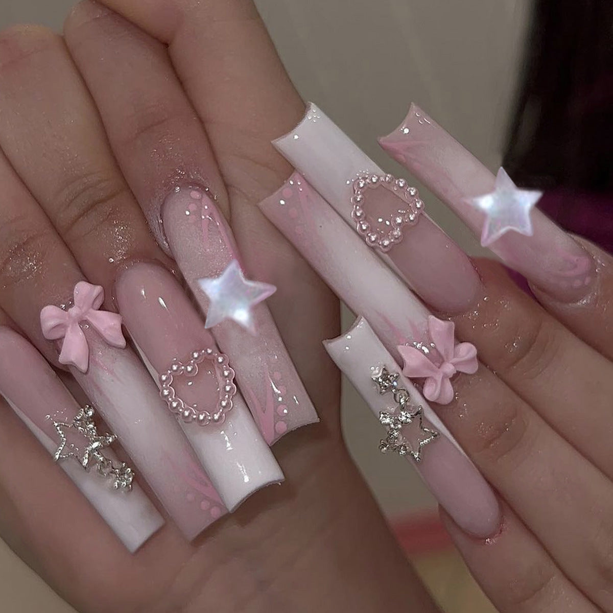 24-Piece Pink French Bow, Pearl Heart & Star Long Coffin Press-On Nails