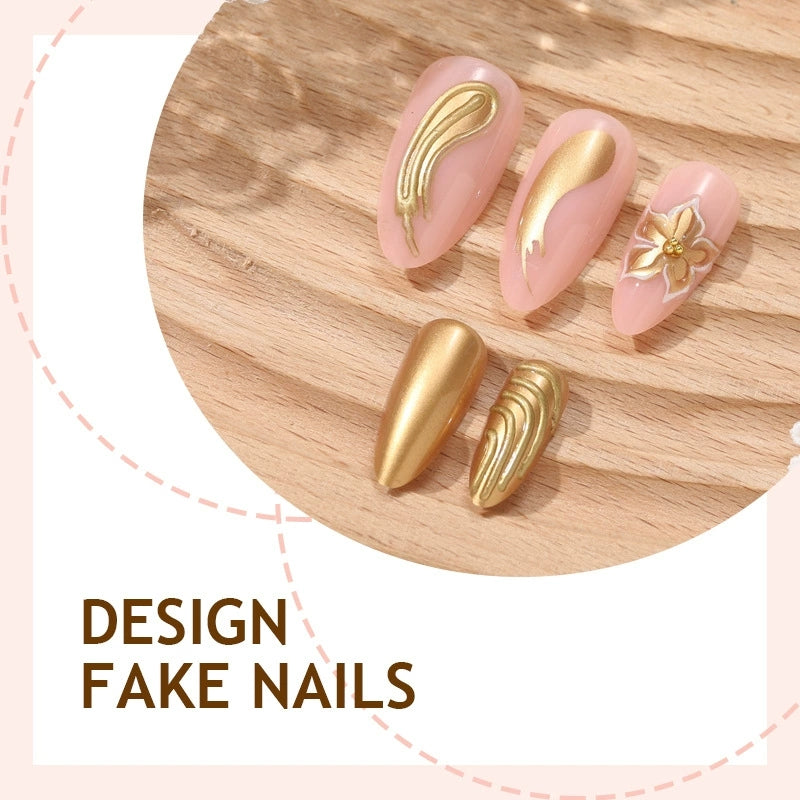 Gold 3D Floral French Long Almond Press-On Nails, 24-Pc Kit